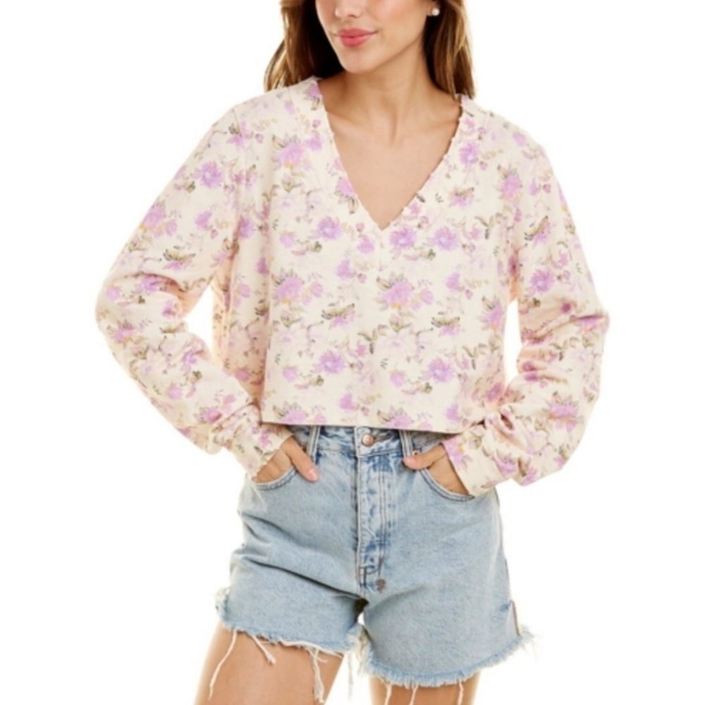 LoveShackFancy Pastel Floral V-Neck Sweater - Cream & Lavender